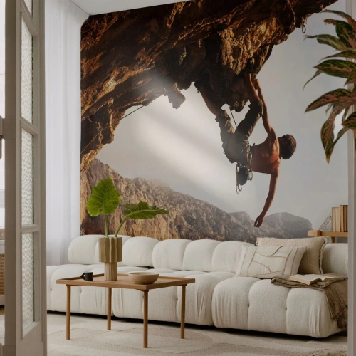 Maßgeschneiderte Fototapete Premium Canvas - Die Welt ist in einer Hand auf einem Felsblock geschrumpft - Insel Kalymnos, Klettern, Landschaft