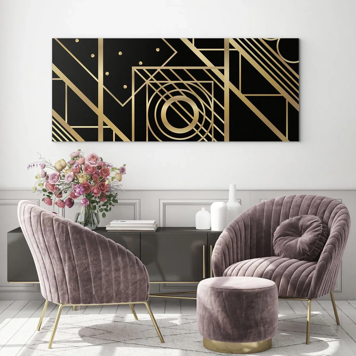 Glasbild - Bild auf glas - Goldene geometrische Muster auf schwarzem Hintergrund - 140x50cm - Goldene Geometrie - Moderne Wanddekoration für Wohnzimmer und Schlafzimmer ARTTOR