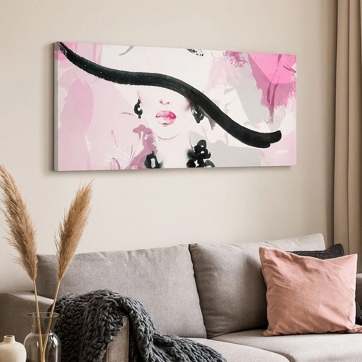 Bild auf Leinwand - Leinwandbild - Bildnis einer Dame in Schwarz und Pink - 100x40 cm