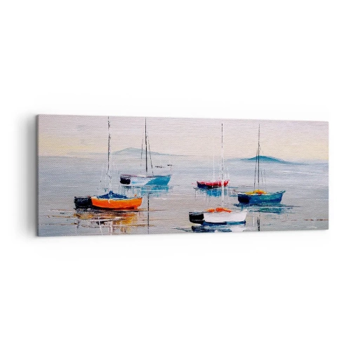 Bild auf Leinwand - Leinwandbild - Bunte Boote auf ruhigem Wasser - 140x50cm - Wohlverdiente Ruhe - Moderne Wanddekoration für Wohnzimmer und Schlafzimmer ARTTOR