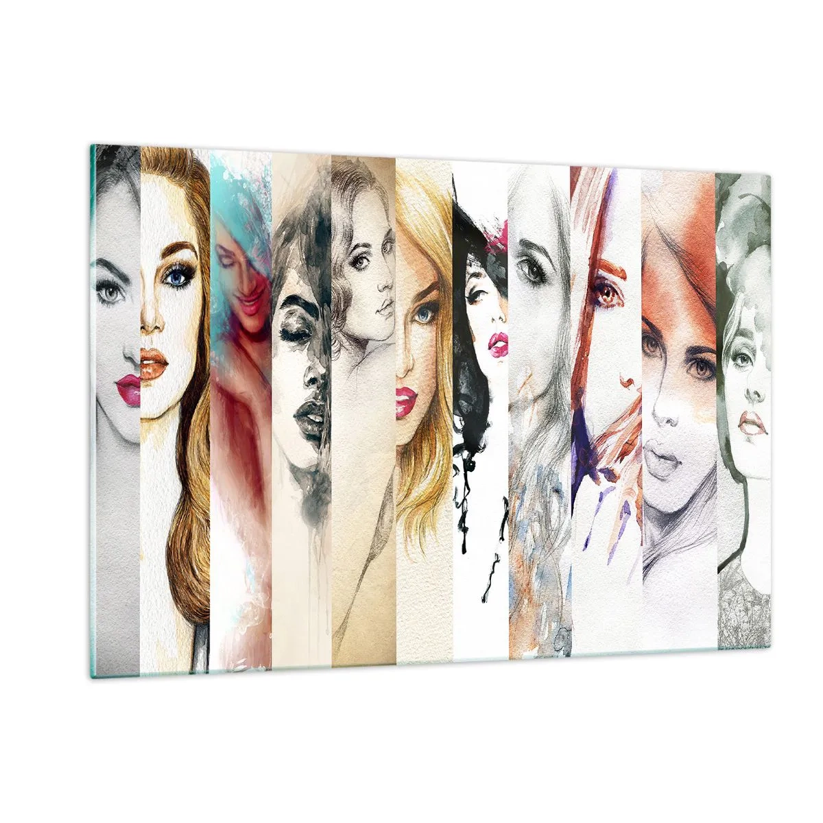 Glasbild - Bild auf glas - Eine Collage aus Frauenporträts in verschiedenen künstlerischen Stilen. - 120x80cm - Und es ist immer DU - Moderne Wanddekoration für Wohnzimmer und Schlafzimmer ARTTOR