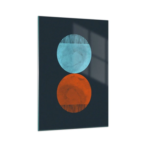 Glasbild - Bild auf glas - Minimalistisches Zweirad-Design in Blau und Orange - 70x100cm - Nur Geometrie? - Moderne Wanddekoration für Wohnzimmer und Schlafzimmer ARTTOR
