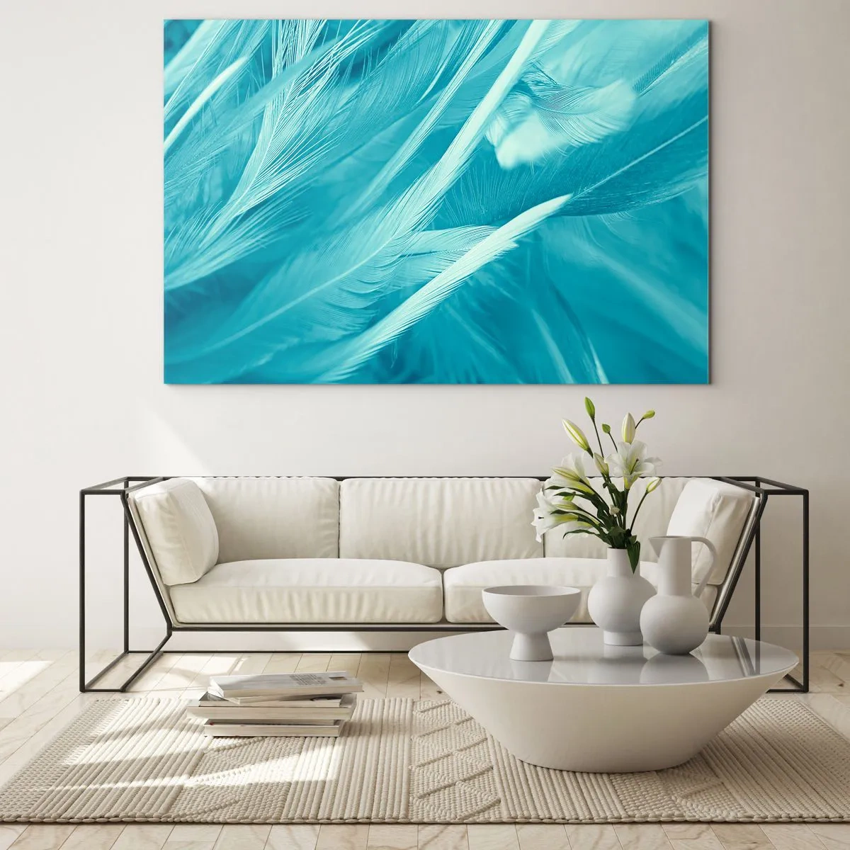 Glasbild - Bild auf glas - Türkisfarbene Federn in zarter Nahaufnahme - 120x80cm - In Pulver ertrinken - Moderne Wanddekoration für Wohnzimmer und Schlafzimmer ARTTOR