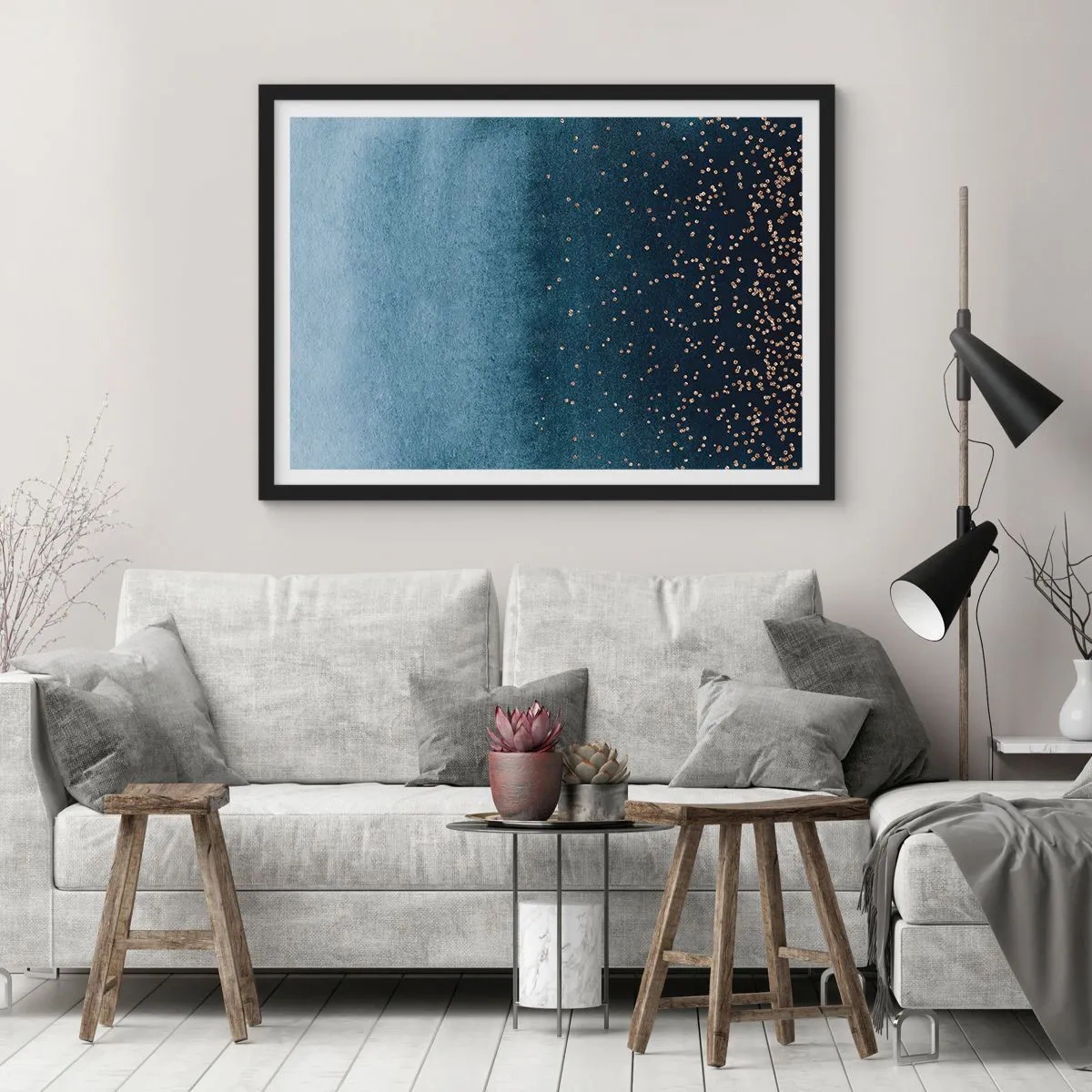 Poster in einem schwarzem Rahmen - Blaue Farbverläufe mit dezenten Goldakzenten - 100x70cm - Komposition - blaue Phasen - Moderne Wanddekoration für Wohnzimmer und Schlafzimmer ARTTOR