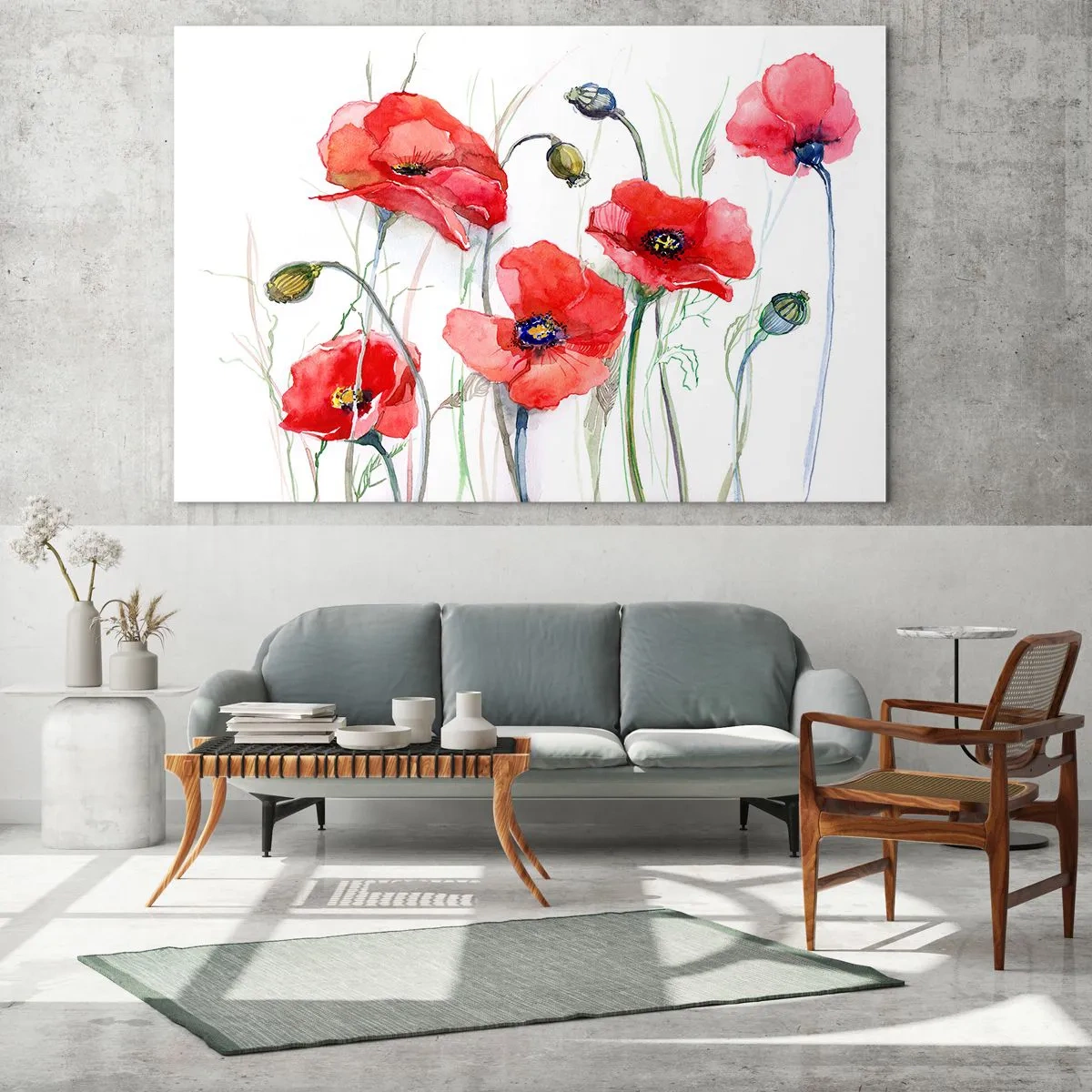 Glasbild - Bild auf glas - Aquarell rote Mohnblumen auf weißem Hintergrund - 100x70cm - Polnische Blumen - Moderne Wanddekoration für Wohnzimmer und Schlafzimmer ARTTOR