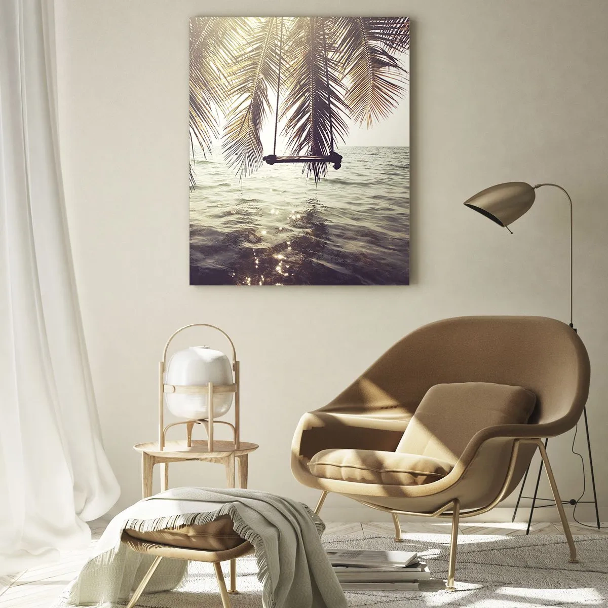 Glasbild - Bild auf glas - Palme mit Schaukel über dem Wasser im Sonnenlicht - 70x100cm - Sie können nach Belieben in den Wolken schwingen - Moderne Wanddekoration für Wohnzimmer und Schlafzimmer ARTTOR