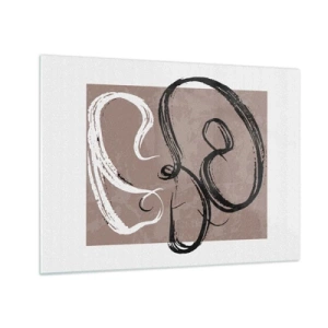 Glasbild - Bild auf glas - Dynamische Pinselstriche in Schwarz und Weiß auf beigem Hintergrund. - 70x50cm - Komposition – die Suche nach Fülle - Moderne Wanddekoration für Wohnzimmer und Schlafzimmer ARTTOR