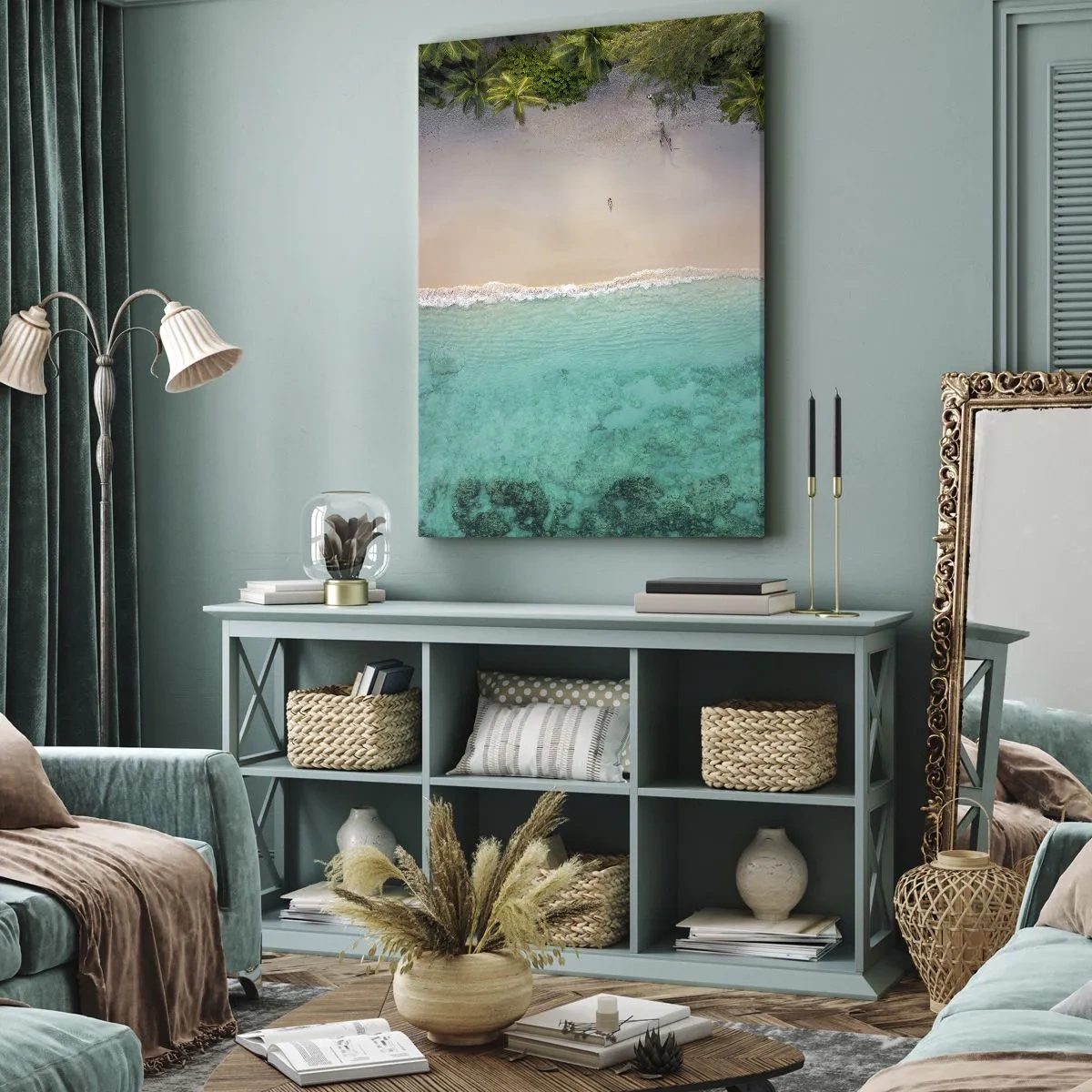 Bild auf Leinwand - Leinwandbild - Luftaufnahme eines tropischen Strandes mit türkisfarbenem Wasser - 50x70cm - Paradiesstrand - Moderne Wanddekoration für Wohnzimmer und Schlafzimmer ARTTOR