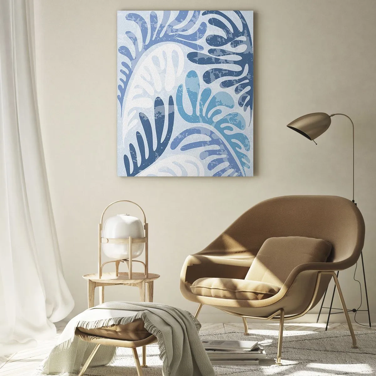 Glasbild - Bild auf glas - Dekorative Farnblätter in Blautönen auf hellem Untergrund - 50x70cm - Blaue Farne - Moderne Wanddekoration für Wohnzimmer und Schlafzimmer ARTTOR