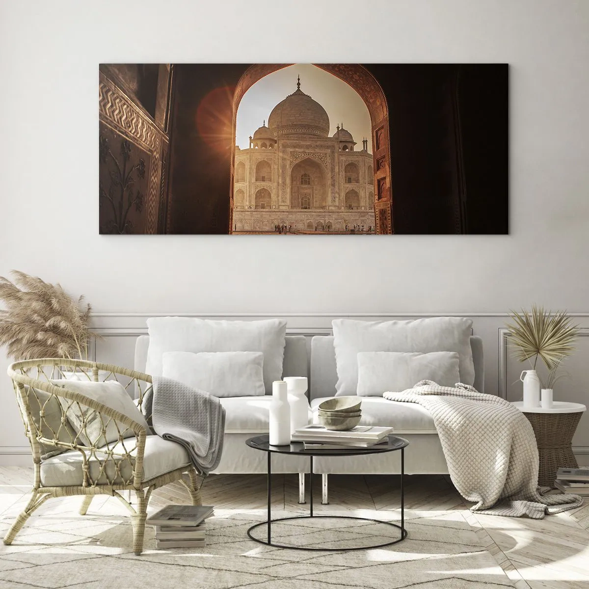 Glasbild - Bild auf glas - Taj Mahal im Sonnenlicht vom Torbogen aus gesehen - 160x50cm - Denkmal der überirdischen Liebe - Moderne Wanddekoration für Wohnzimmer und Schlafzimmer ARTTOR