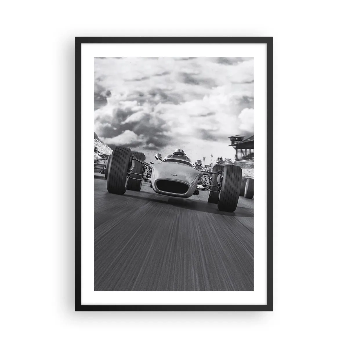 Poster in einem schwarzem Rahmen - Retro-Rennwagen auf der Strecke in Schwarz und Weiß - 50x70cm - Power ist da! - Moderne Wanddekoration für Wohnzimmer und Schlafzimmer ARTTOR