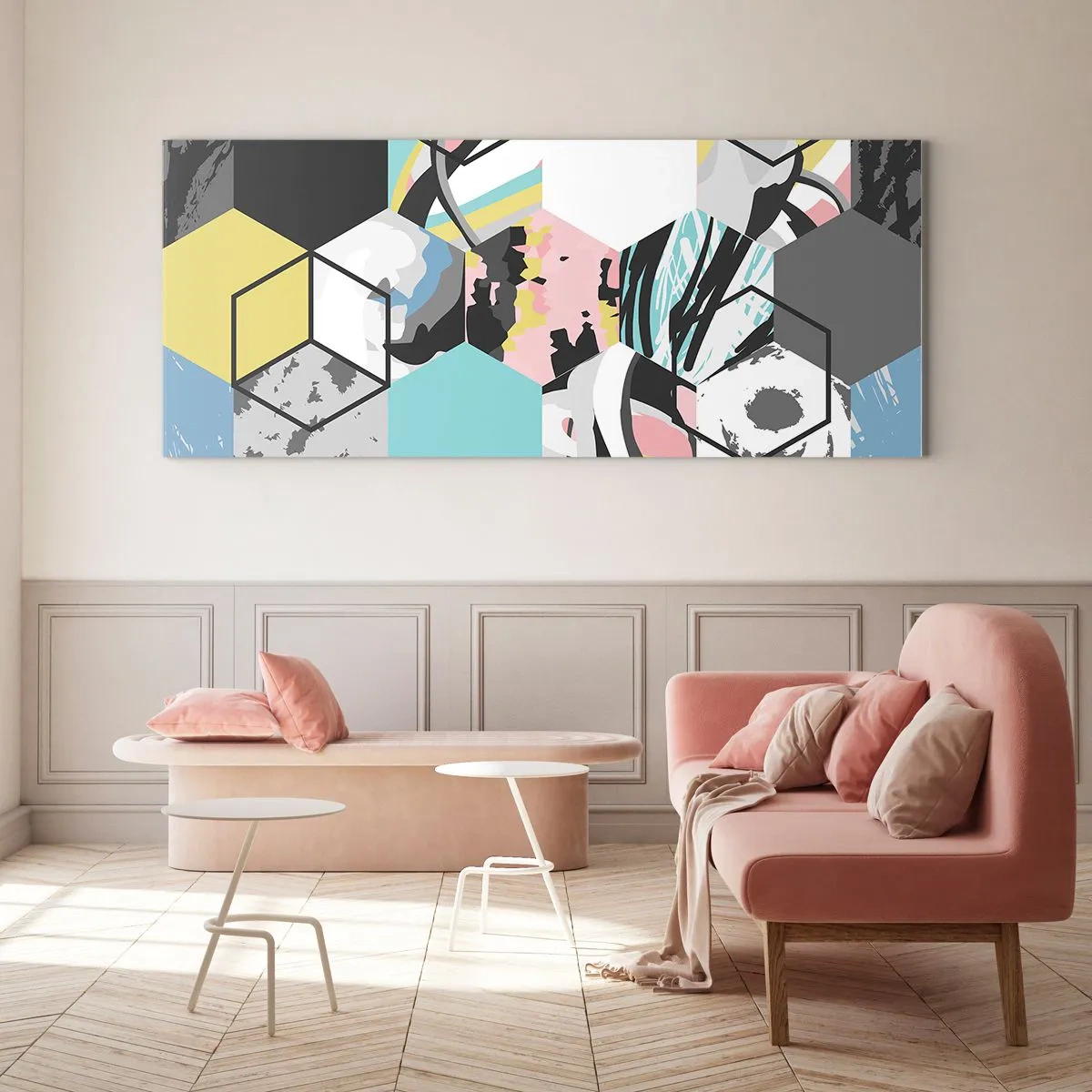 Glasbild - Bild auf glas - Geometrisches Sechseckmuster mit farbenfrohen abstrakten Details - 160x50cm - Sechsecke und Würfel in sechs Farben - Moderne Wanddekoration für Wohnzimmer und Schlafzimmer ARTTOR