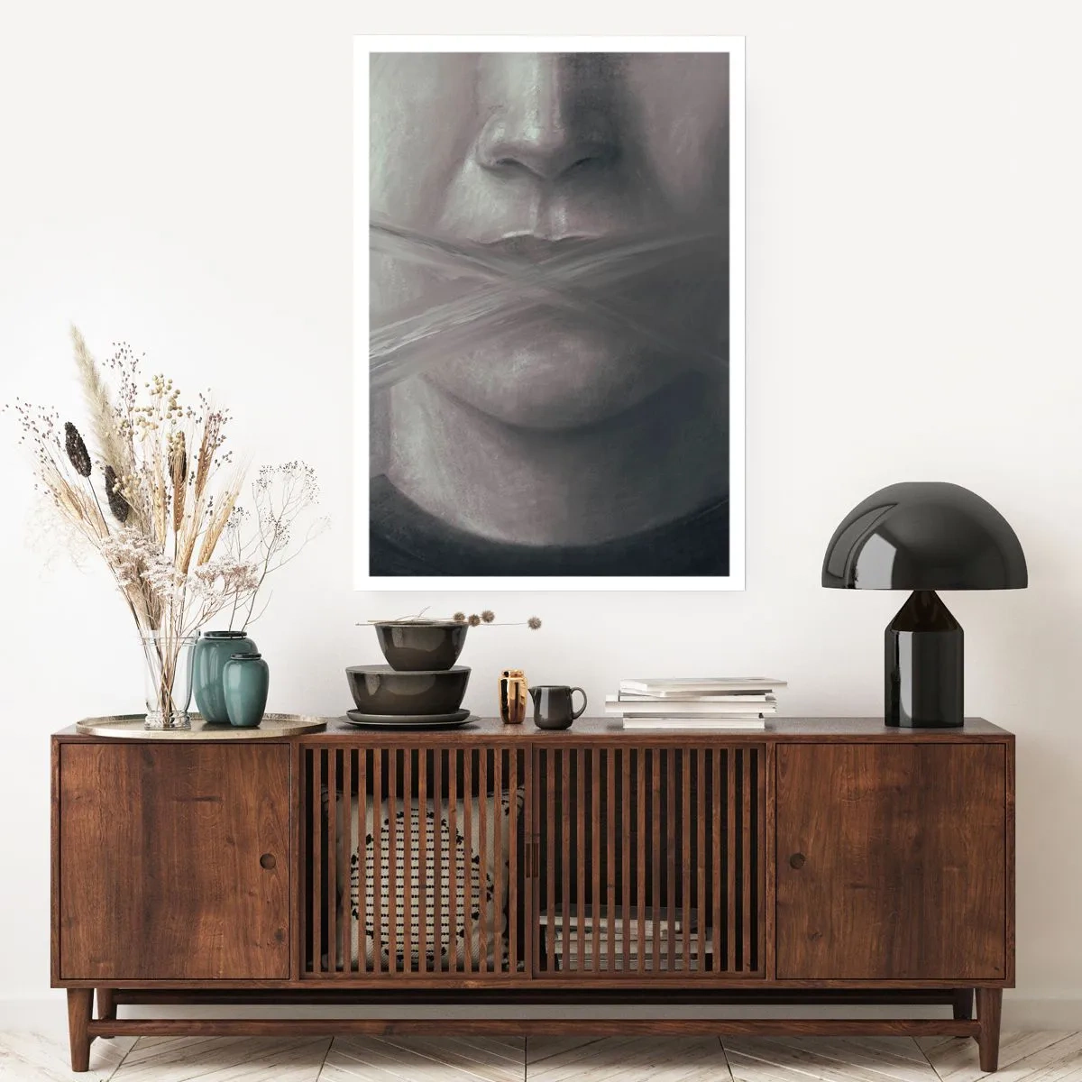 Poster - Ein symbolisches Gesicht mit bedecktem Mund in monochromen Farben. - 50x70cm - Ohne ein Wort - Moderne Wanddekoration für Wohnzimmer und Schlafzimmer ARTTOR