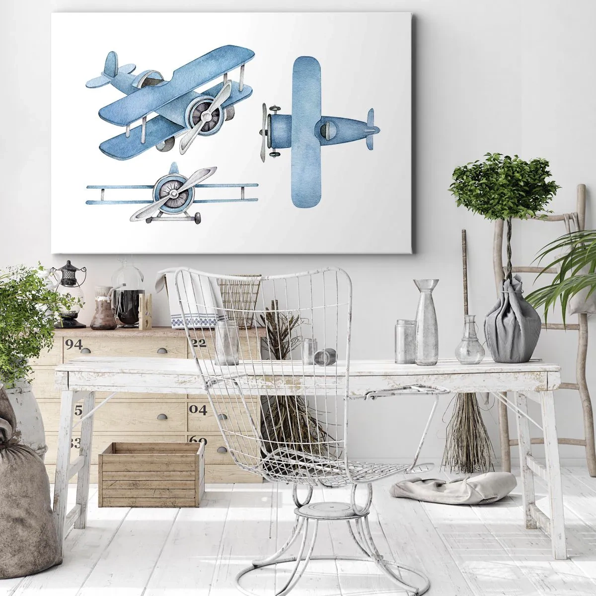 Bild auf Leinwand - Leinwandbild - Blaue Retro-Flugzeuge - 120x80cm - Geboren um zu gewinnen - Moderne Wanddekoration für Wohnzimmer und Schlafzimmer ARTTOR