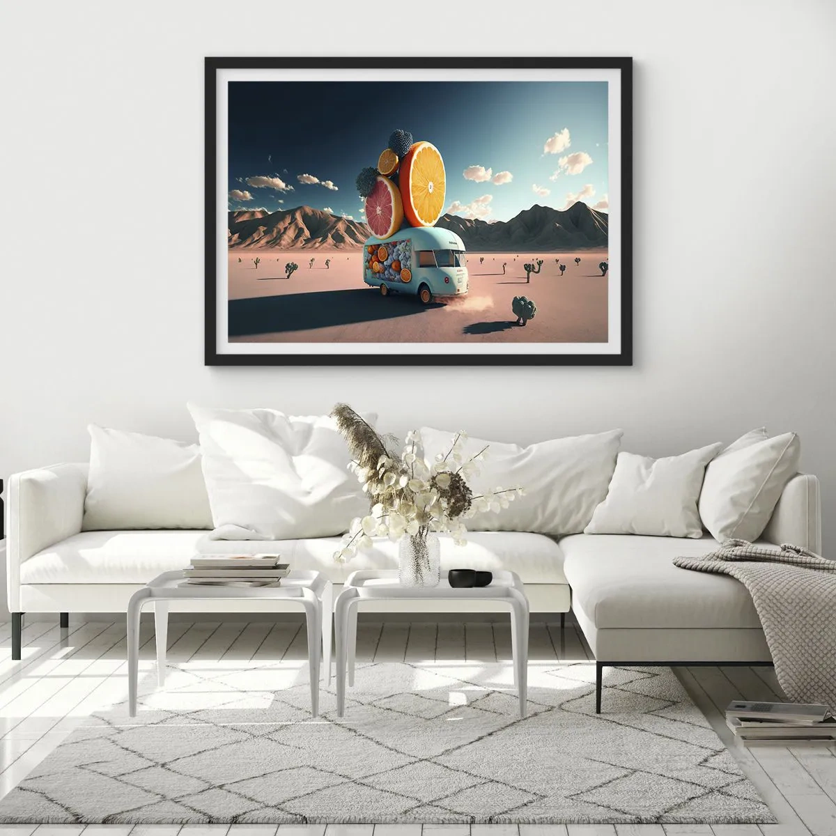 Poster in einem schwarzem Rahmen - Obstwagen in einer Wüstenlandschaft - 70x50cm - Geschmack von Urlaub - Moderne Wanddekoration für Wohnzimmer und Schlafzimmer ARTTOR