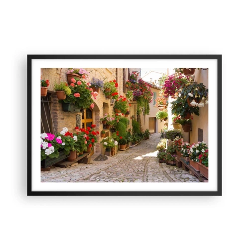 Poster in einem schwarzem Rahmen - Eine Straße mit Topfblumen und Steinmauern - 70x50cm - In der Flut Blumen - Moderne Wanddekoration für Wohnzimmer und Schlafzimmer ARTTOR