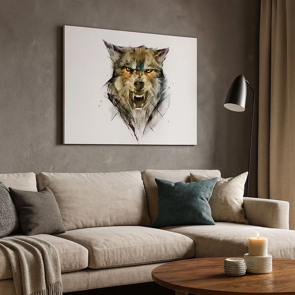 Bild auf Leinwand - Leinwandbild - Ein gefährlicher Wolf in dynamischer, künstlerischer Form - 70x50cm - Kein Schritt näher! - Moderne Wanddekoration für Wohnzimmer und Schlafzimmer ARTTOR