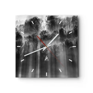 Wanduhr - Glasuhr - Schwarz-weißer Wald im Morgenlicht - 30x30cm - In Lichtstrahlen - Moderne Wanddekoration für Wohnzimmer und Schlafzimmer ARTTOR
