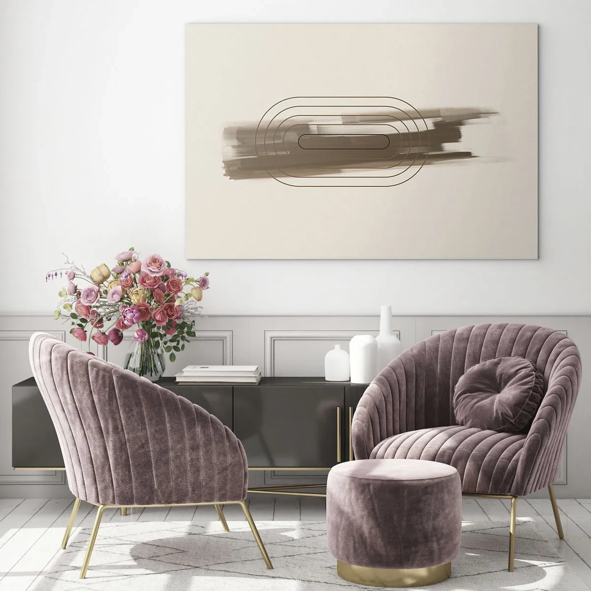 Glasbild - Bild auf glas - Abstraktion in Brauntönen mit minimalistischem Muster - 70x50cm - Ein Hauch von Grau - Moderne Wanddekoration für Wohnzimmer und Schlafzimmer ARTTOR