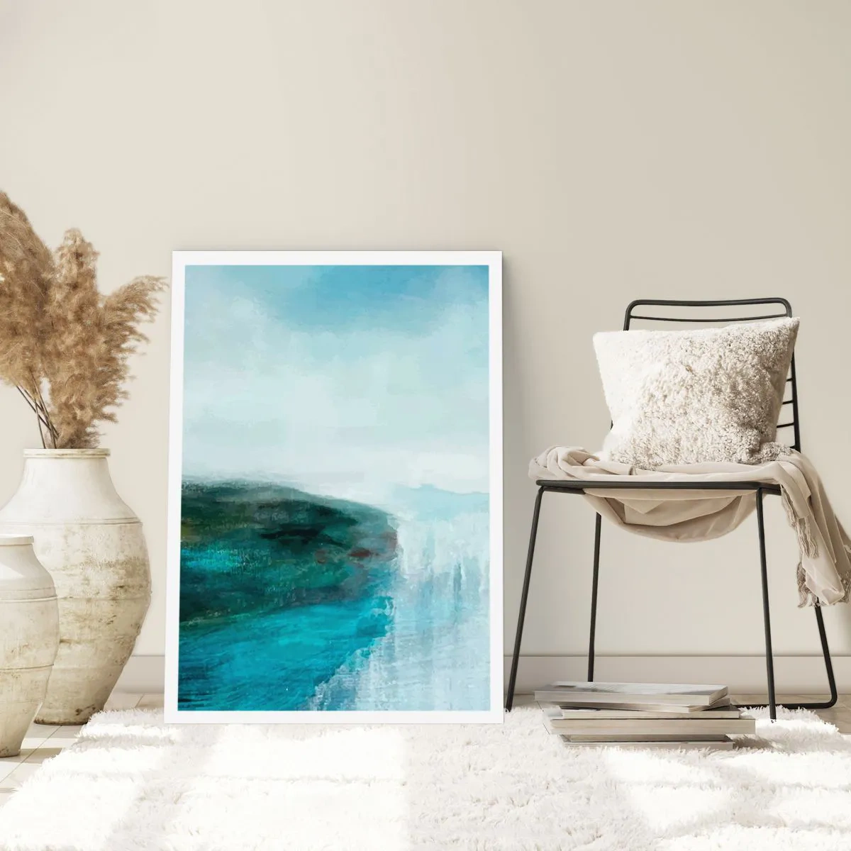 Poster - Eine malerische Landschaft mit einer Klippe über dem Wasser in Blautönen. - 50x70cm - Nautische Abstraktion - Moderne Wanddekoration für Wohnzimmer und Schlafzimmer ARTTOR