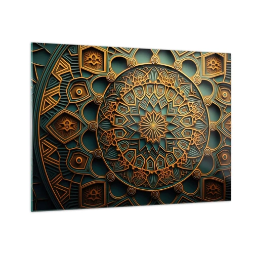 Glasbild - Bild auf glas - Gold- und Türkisornament im Stil eines arabischen Mosaiks - 70x50cm - In arabischer Atmosphäre - Moderne Wanddekoration für Wohnzimmer und Schlafzimmer ARTTOR