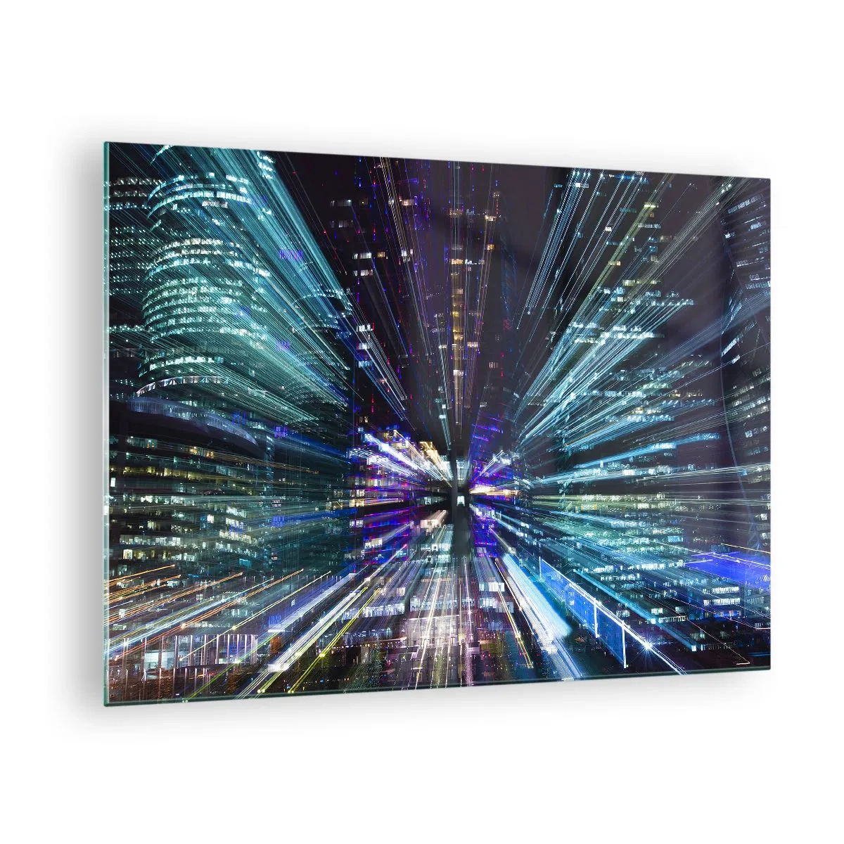 Glasbild - Bild auf glas - Dynamische Lichtlinien vor dem Hintergrund einer nächtlichen Stadt - 70x50cm - Übergang zum Hyperraum - Moderne Wanddekoration für Wohnzimmer und Schlafzimmer ARTTOR
