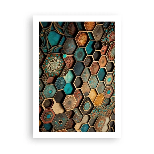 Poster - Eine geometrische Komposition aus Sechsecken in einer Gold- und Türkispalette. - 50x70cm - Arabische Ornamente – Variation - Moderne Wanddekoration für Wohnzimmer und Schlafzimmer ARTTOR