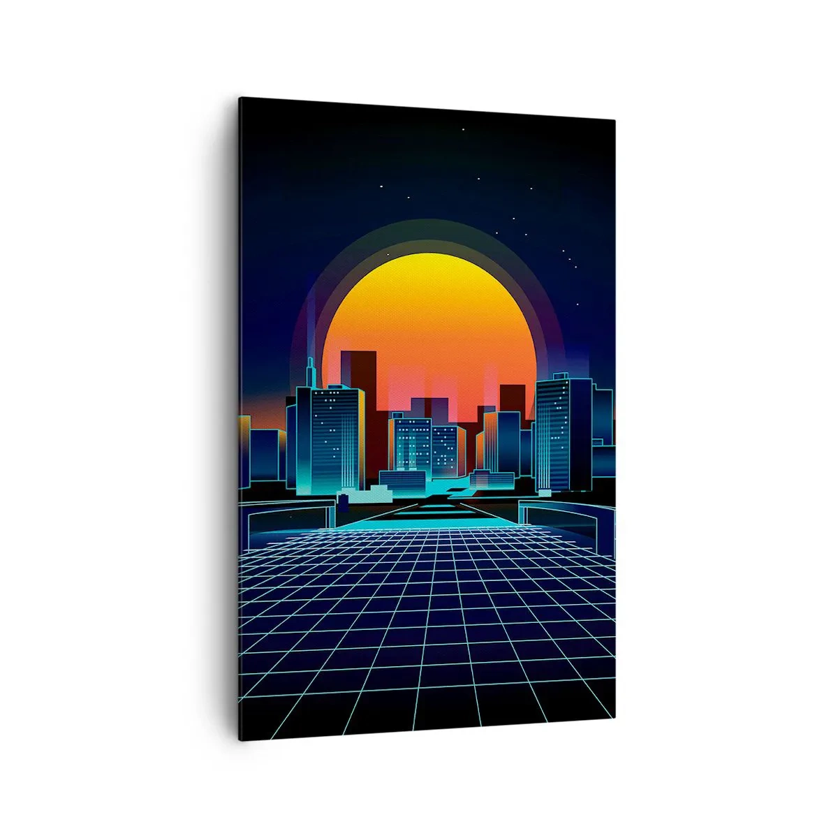 Bild auf Leinwand - Leinwandbild - Futuristische Skyline im Neon-Stil - 80x120cm - Willst du immer noch zu Real gehen? - Moderne Wanddekoration für Wohnzimmer und Schlafzimmer ARTTOR