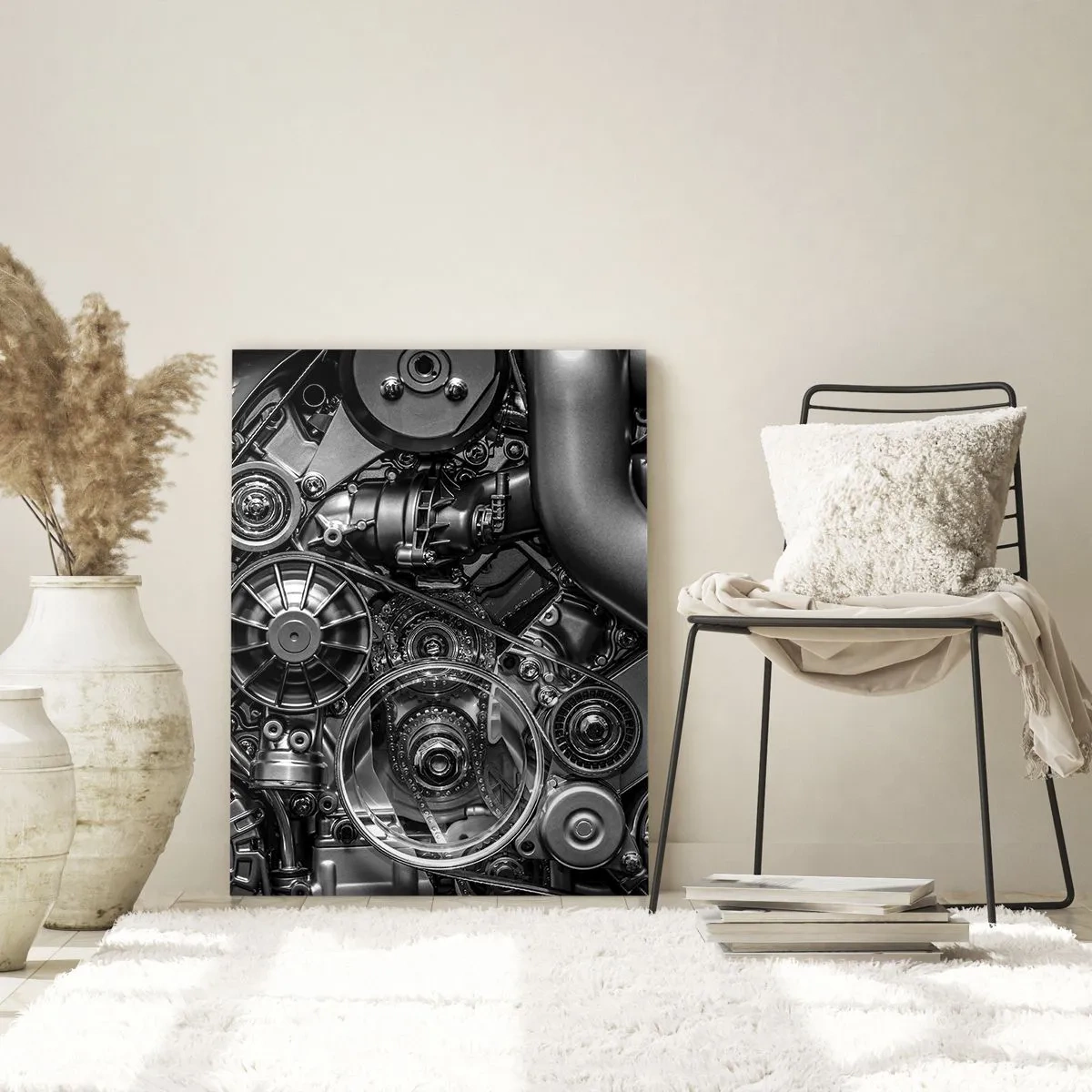 Glasbild - Bild auf glas - Schwarz-Weiß-Nahaufnahme der mechanischen Details eines Automotors. - 80x120cm - Die Poesie der Mechanik - Moderne Wanddekoration für Wohnzimmer und Schlafzimmer ARTTOR