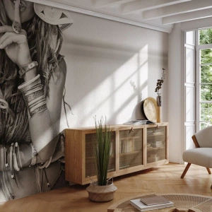 Fototapete Premium Sand - Stilvolle Frau in Sepia-Schmuck - 100x70cm - Wieso ein Mädchen - Moderne Wanddekoration für Wohnzimmer und Schlafzimmer ARTTOR