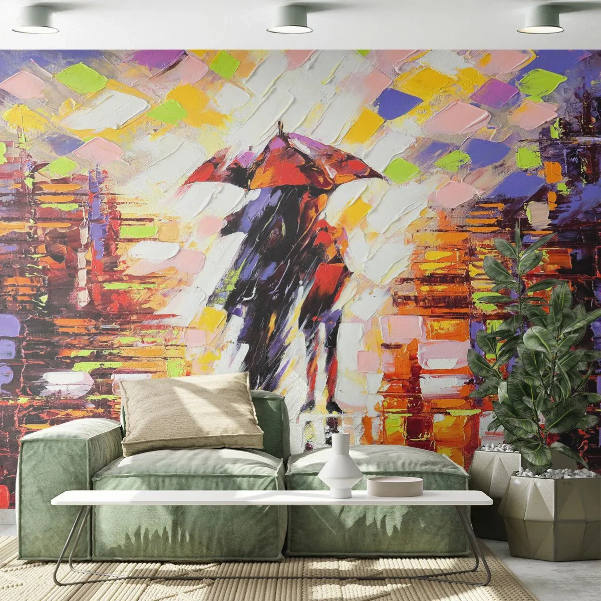 Fototapete Premium Sand - Ein Paar unter einem roten Regenschirm in einer malerischen Impression der Stadt - 100x70cm - Gemeinsam durch die Nacht und den Regen - Moderne Wanddekoration für Wohnzimmer und Schlafzimmer ARTTOR