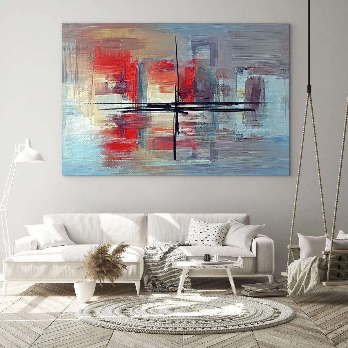 Glasbild - Bild auf glas - Eine farbenfrohe Abstraktion mit Rot und Blau, inspiriert von einer Landschaft. - 70x50cm - Landschaft in einer unbekannten Dimension - Moderne Wanddekoration für Wohnzimmer und Schlafzimmer ARTTOR