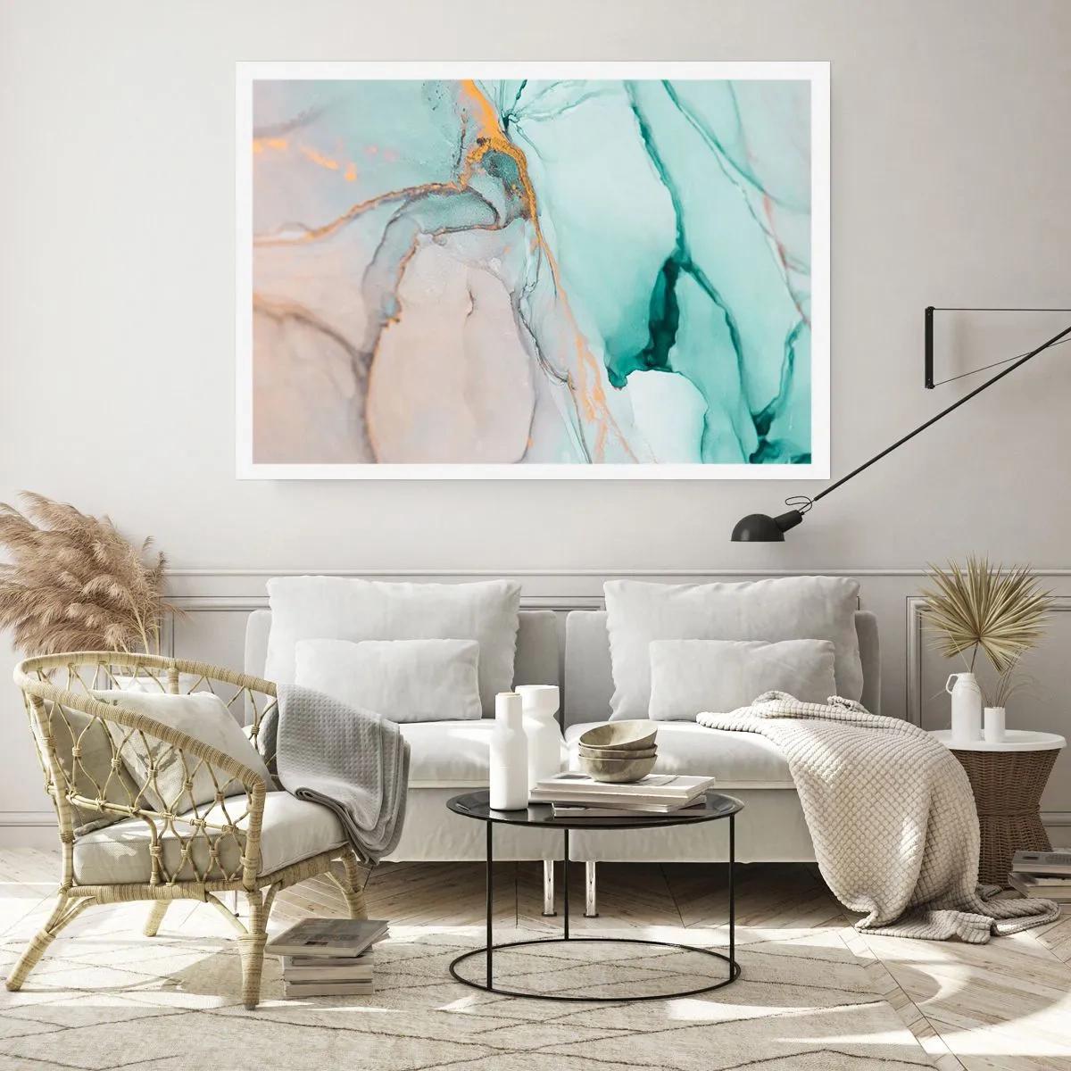 Poster - Eine abstrakte Komposition in Türkis- und Goldtönen. - 100x70cm - Ein Tanz der Formen und Farben - Moderne Wanddekoration für Wohnzimmer und Schlafzimmer ARTTOR