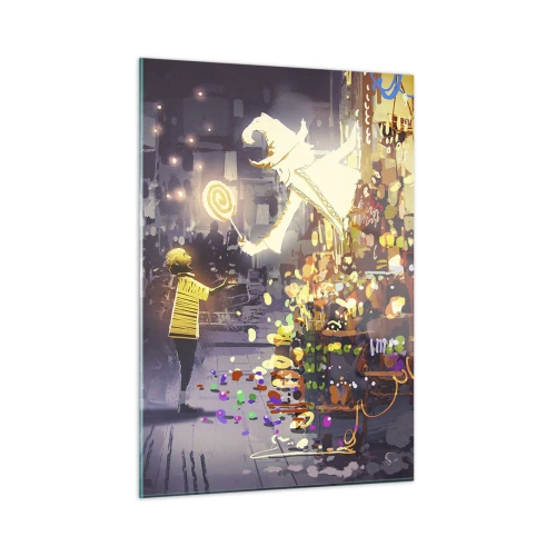 Glasbild - Bild auf glas - Ein Kind in einem hellen T-Shirt an einem hellen Stand voller bunter Süßigkeiten - 50x70cm - Magie ist da - Moderne Wanddekoration für Wohnzimmer und Schlafzimmer ARTTOR