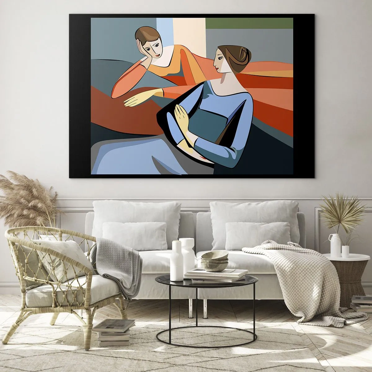 Glasbild - Bild auf glas - Eine geometrische Szene eines Gesprächs zwischen zwei Frauen vor dem Hintergrund eines Innenraums. - 100x70cm - Moment der Zuversicht - Moderne Wanddekoration für Wohnzimmer und Schlafzimmer ARTTOR
