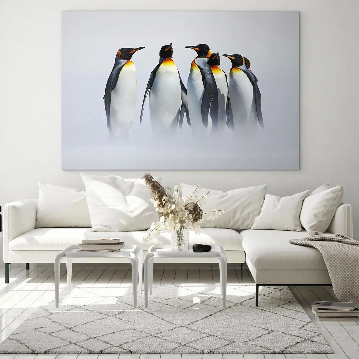 Glasbild - Bild auf glas - Eine Gruppe Pinguine in einer Winterlandschaft - 100x70cm - Treffen in Abendkleidern - Moderne Wanddekoration für Wohnzimmer und Schlafzimmer ARTTOR