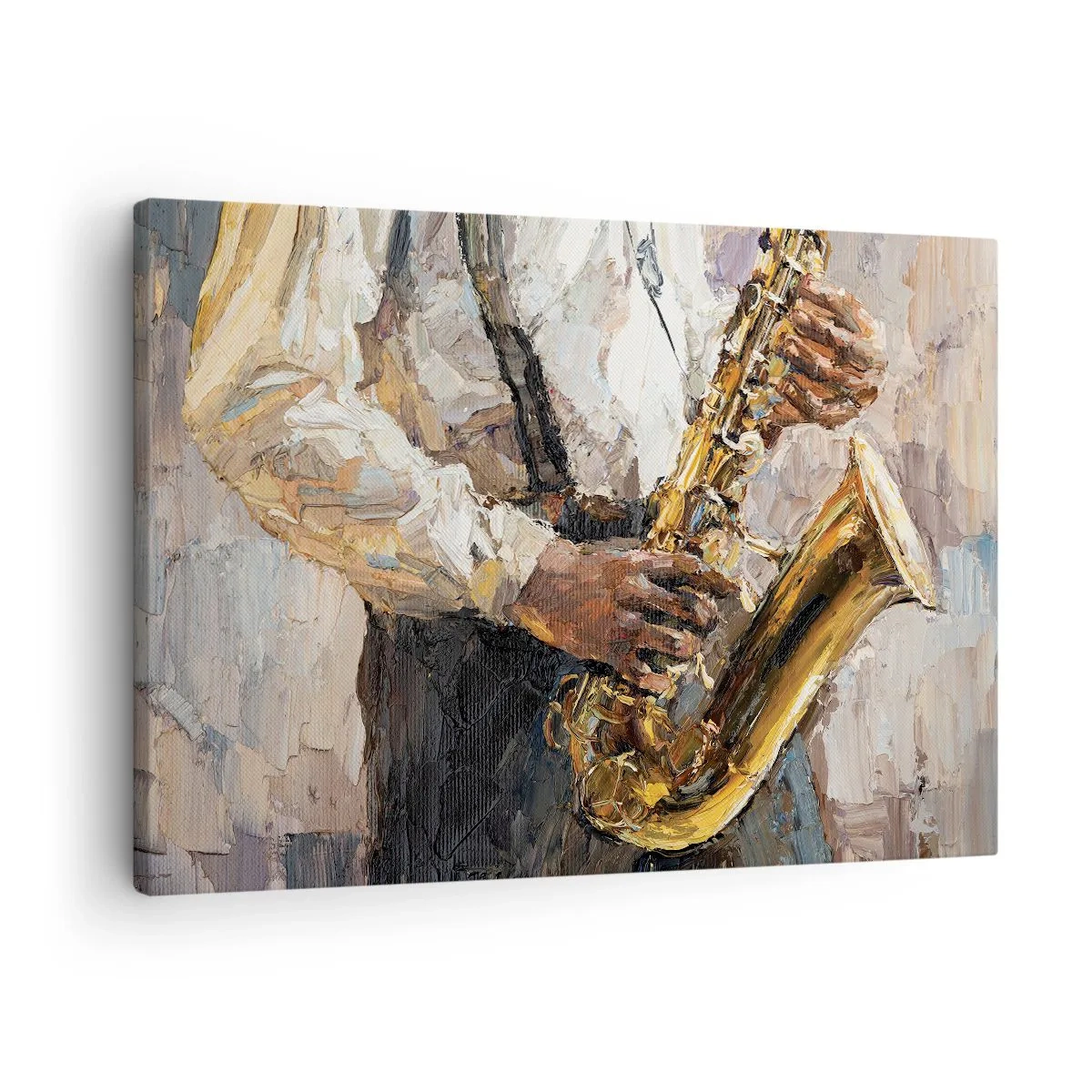 Bild auf Leinwand - Leinwandbild - Ein Musiker, der Saxophon in einem künstlerischen Stil spielt - 70x50cm - Zeit fürs Solo - Moderne Wanddekoration für Wohnzimmer und Schlafzimmer ARTTOR