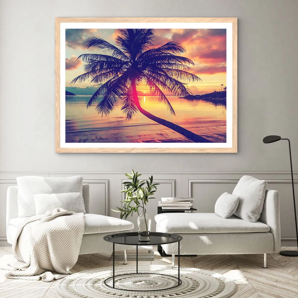 Poster in einem Rahmen aus heller Eiche - Abend unter Palmen - 70x50 cm