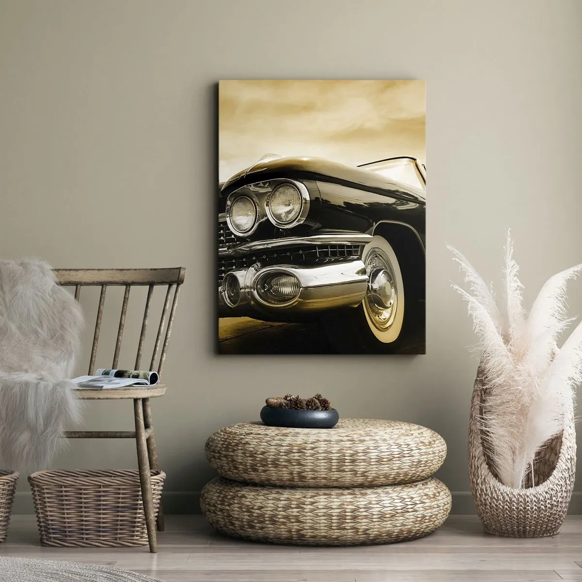 Bild auf Leinwand - Leinwandbild - Ein Oldtimer im Retro-Look und mit Chromdetails. - 80x120cm - Klassiker vergehen nie - Moderne Wanddekoration für Wohnzimmer und Schlafzimmer ARTTOR