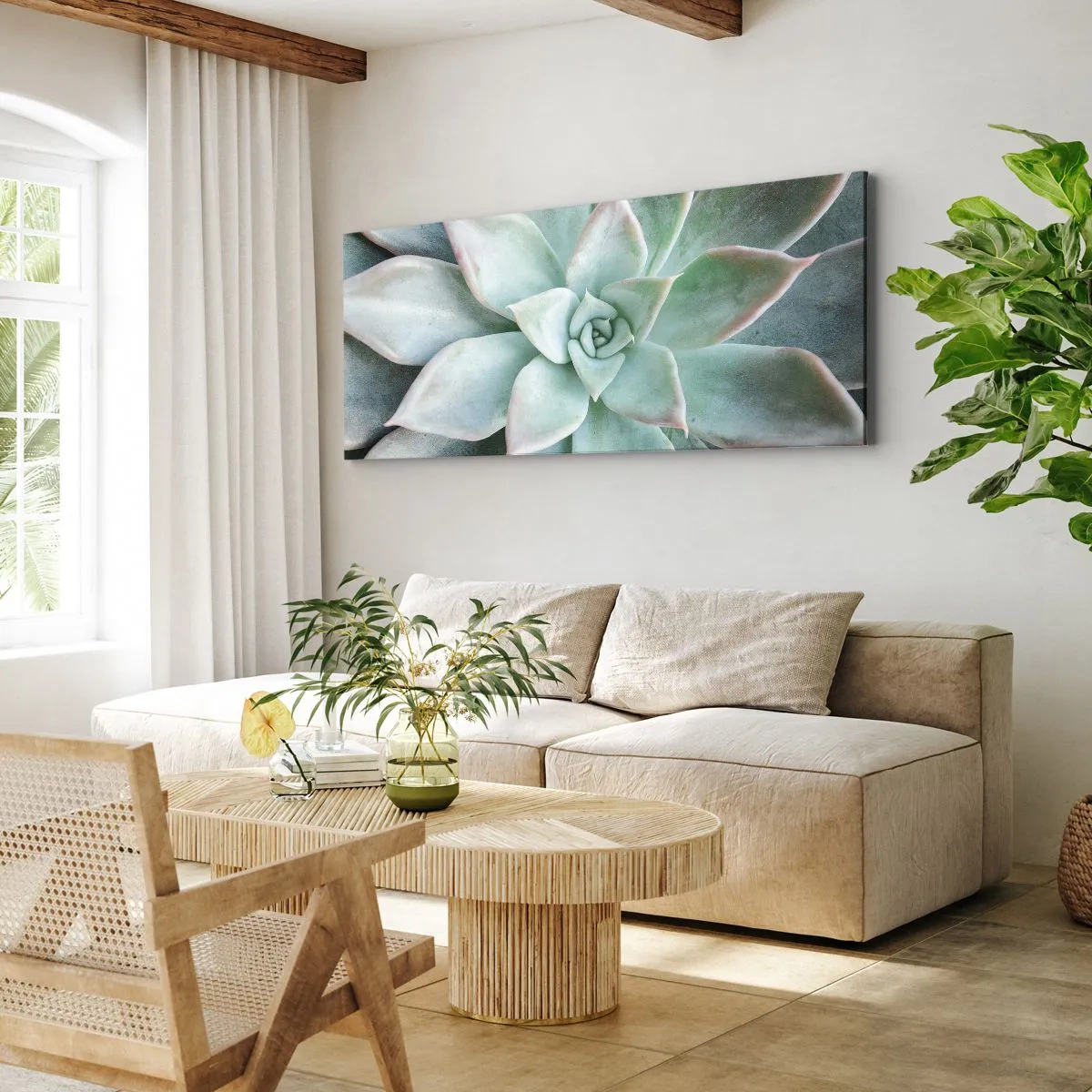 Bild auf Leinwand - Leinwandbild - Nahaufnahme einer grünen Sukkulente - 140x50cm - Das Herz der Wüste - Moderne Wanddekoration für Wohnzimmer und Schlafzimmer ARTTOR