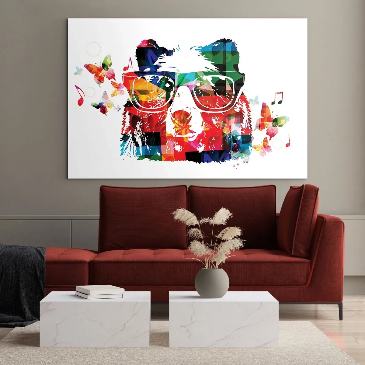 Glasbild - Bild auf glas - Bunter Bär mit Brille im Pop-Art-Stil mit musikalischem Thema - 70x50cm - Ich mag! - Moderne Wanddekoration für Wohnzimmer und Schlafzimmer ARTTOR