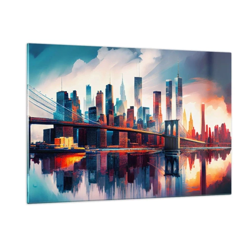 Glasbild - Bild auf glas - Panorama der Stadt mit einer Brücke vor dem bunten Himmel und Spiegelung im Wasser - 120x80cm - Traumhaftes New York - Moderne Wanddekoration für Wohnzimmer und Schlafzimmer ARTTOR