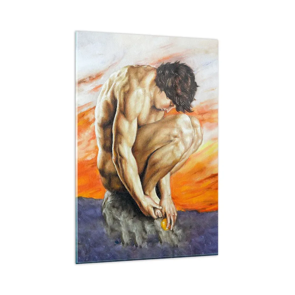 Glasbild - Bild auf glas - Ein Mann in Gedanken versunken vor dem Hintergrund eines Sonnenuntergangs - 80x120cm - In sich versunken - Moderne Wanddekoration für Wohnzimmer und Schlafzimmer ARTTOR