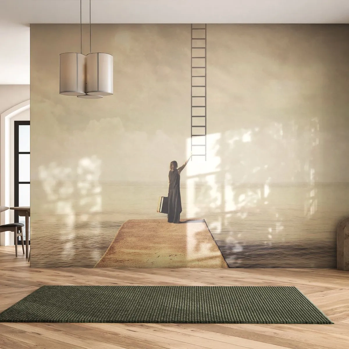 Fototapete Premium Sand - Eine Frau auf einem Steg greift nach einer Leiter - 100x70cm - Eine magische Reise - Moderne Wanddekoration für Wohnzimmer und Schlafzimmer ARTTOR