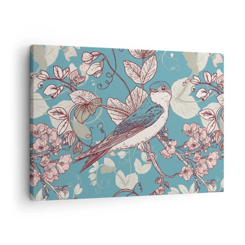 Bild auf Leinwand - Leinwandbild - Ein Vogel auf einem Ast in einem zarten Blumenstil - 70x50cm - Im Weißholz von Rot und Silber - Moderne Wanddekoration für Wohnzimmer und Schlafzimmer ARTTOR