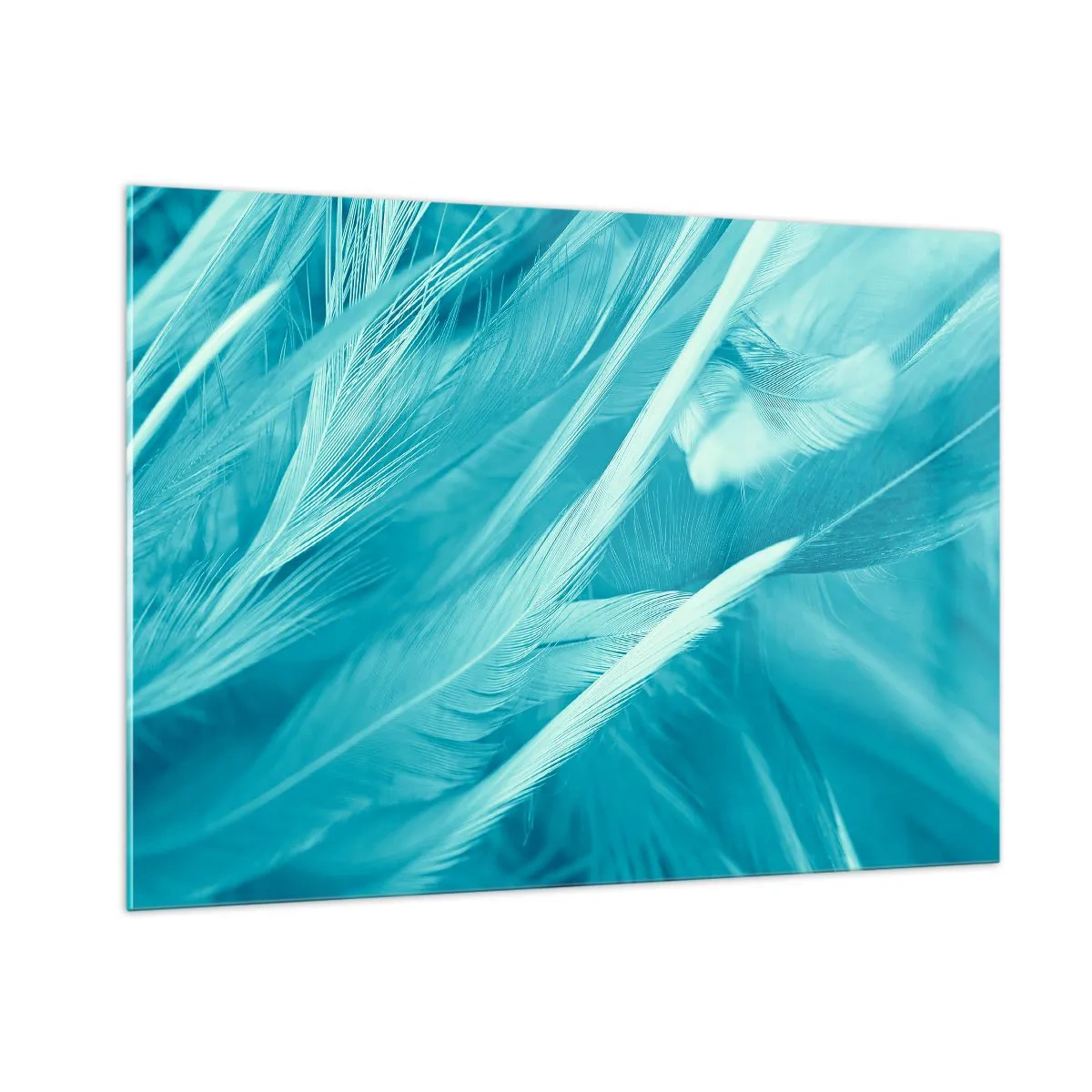 Glasbild - Bild auf glas - Türkisfarbene Federn in zarter Nahaufnahme - 100x70cm - In Pulver ertrinken - Moderne Wanddekoration für Wohnzimmer und Schlafzimmer ARTTOR