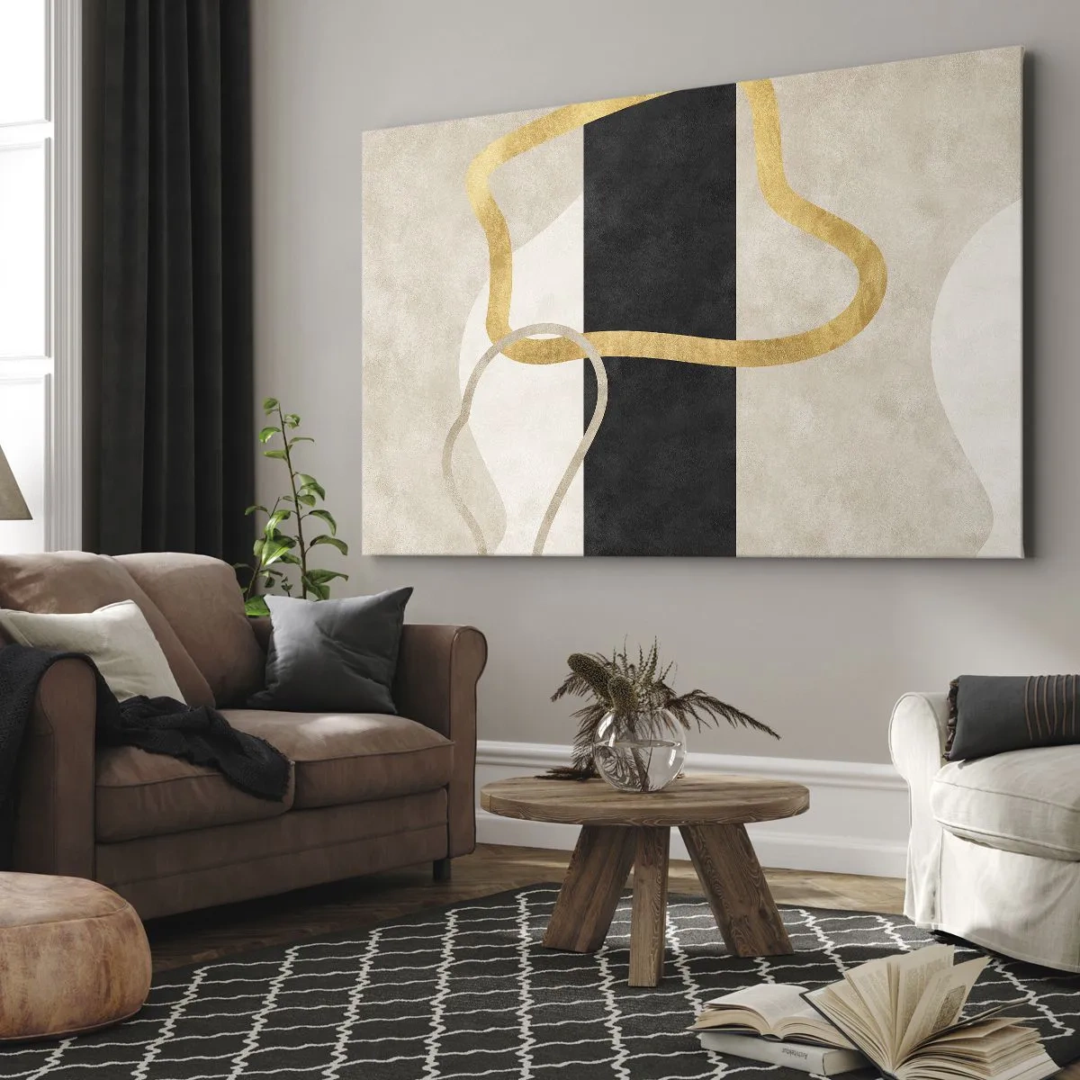 Bild auf Leinwand - Leinwandbild - Ein minimalistisches Design mit geschwungenen Formen in Gold und Schwarz. - 100x70cm - Schleifenformen - Moderne Wanddekoration für Wohnzimmer und Schlafzimmer ARTTOR