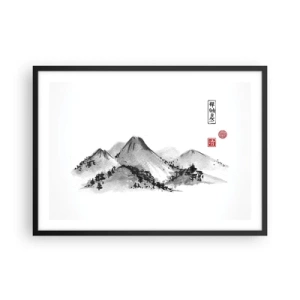 Poster in einem schwarzem Rahmen - Traditionelle Berglandschaft im Stil der japanischen Tuschemalerei - 70x50cm - Unendliche Fernen - Moderne Wanddekoration für Wohnzimmer und Schlafzimmer ARTTOR