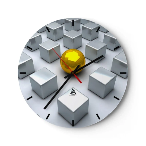 Wanduhr - Glasuhr - Eine goldene Kugel zwischen silbernen Würfeln - 30x30cm - Warum ich? Geometrische Zusammensetzung - Moderne Wanddekoration für Wohnzimmer, Küche und Schlafzimmer ARTTOR
