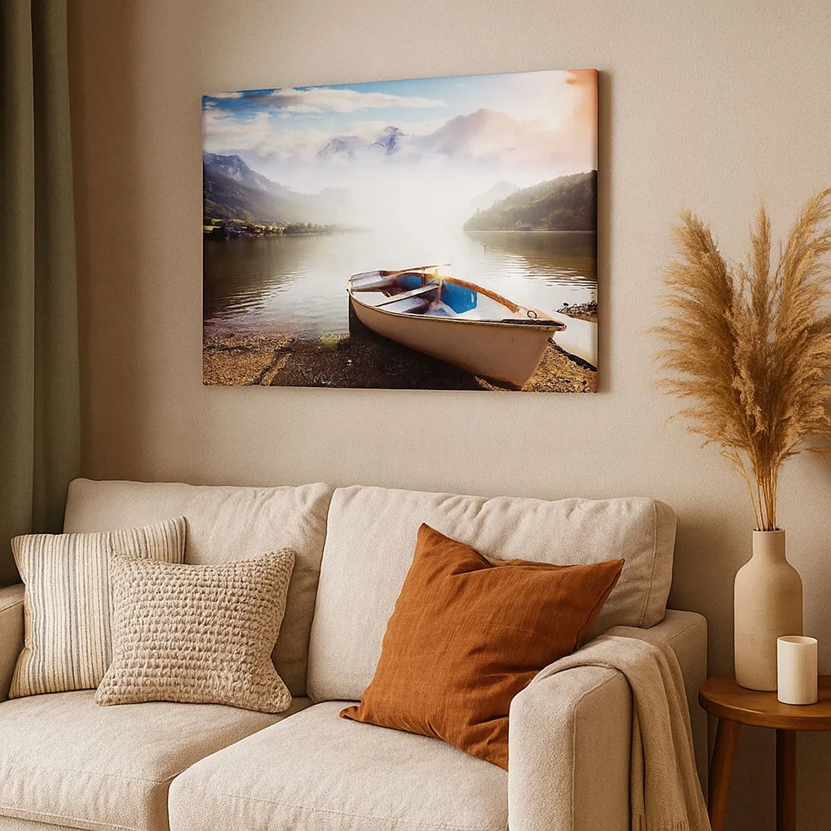 Bild auf Leinwand - Leinwandbild - Ein Boot am Ufer eines Sees mit Blick auf die Berge am Morgen - 70x50cm - Am tollen und klaren Wasser - Moderne Wanddekoration für Wohnzimmer und Schlafzimmer ARTTOR
